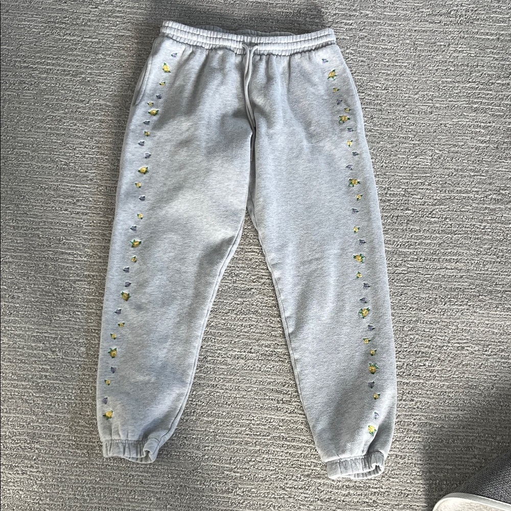 PINK Victoria's Secret Light Gray Joggers with Yellow Floral Accents